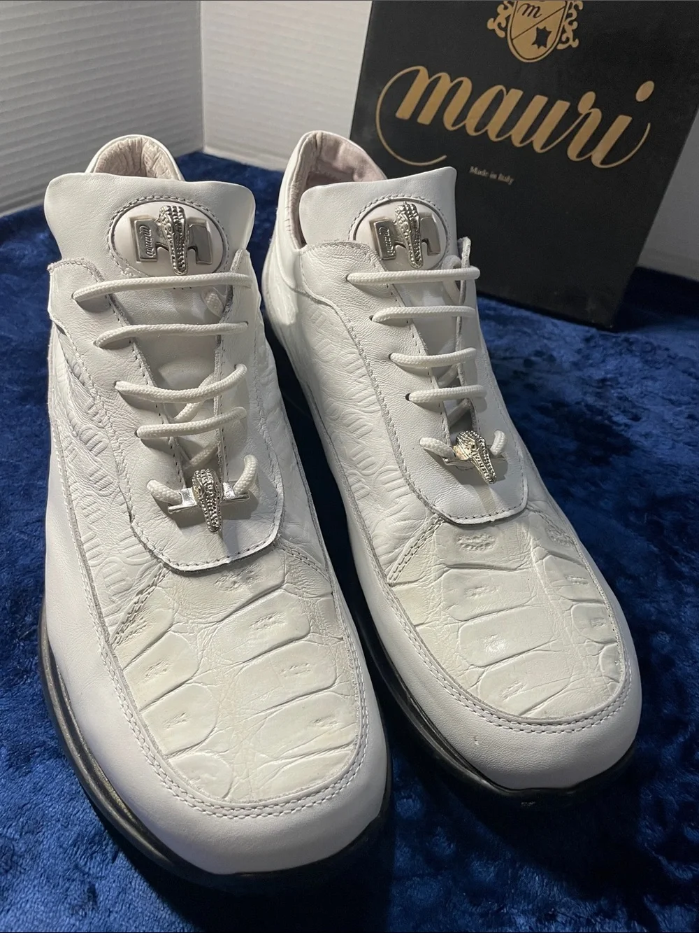 Mauri Napa white Leather and crocodile skin sneakers, size 13, in box.